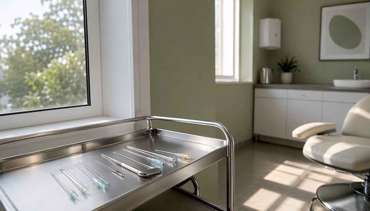 Close-up subcision surgical instruments on tray