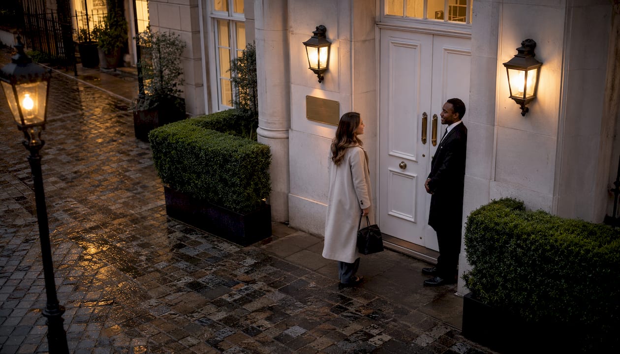 Elegant clinic entrance with client and doorman