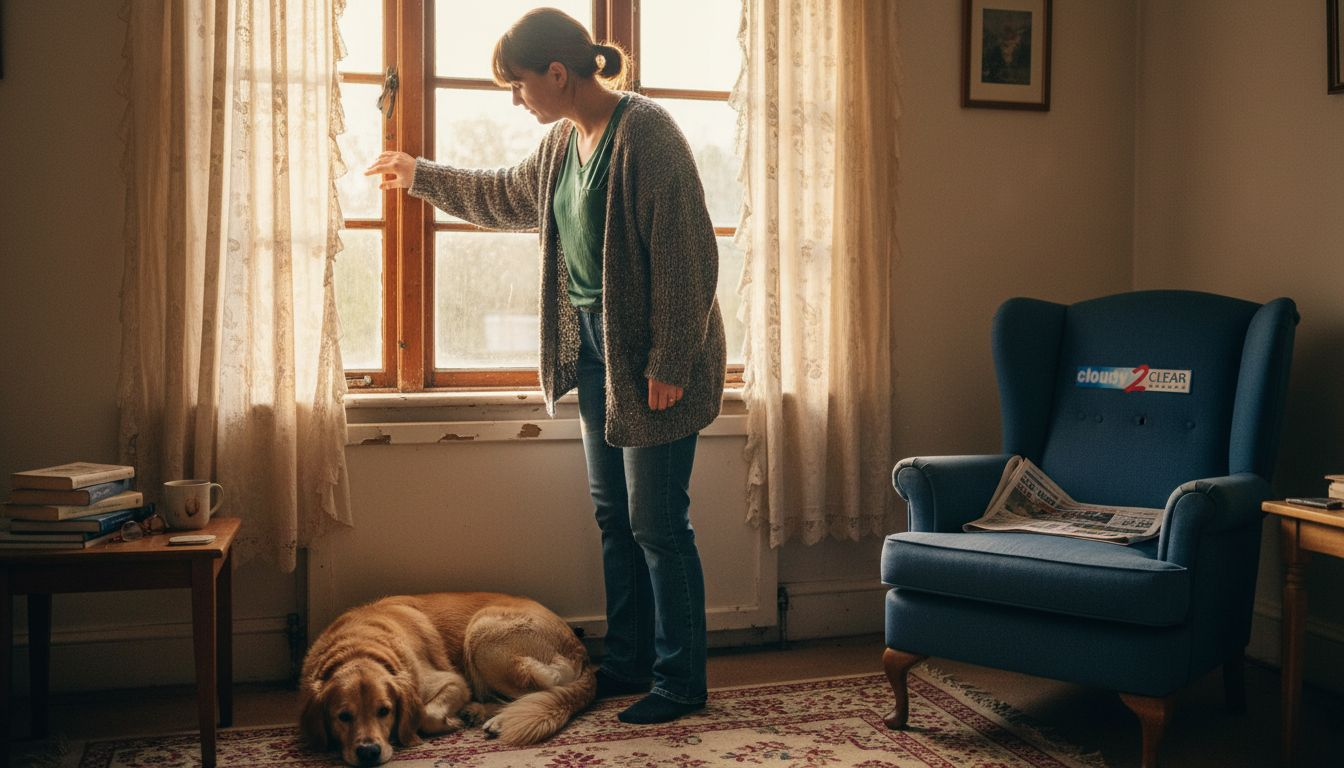 Woman checking window for drafts inside home