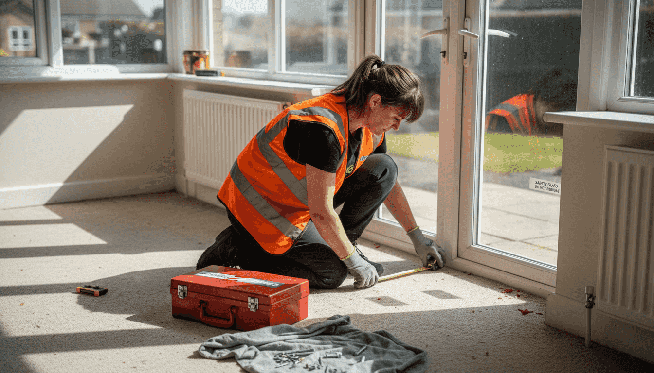 Window installer inspecting safety glazing on site