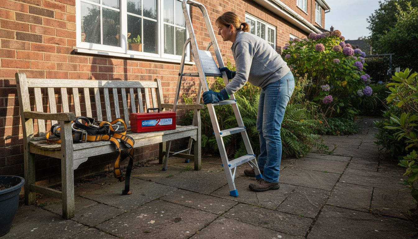 Woman preparing safe ladder for window maintenance