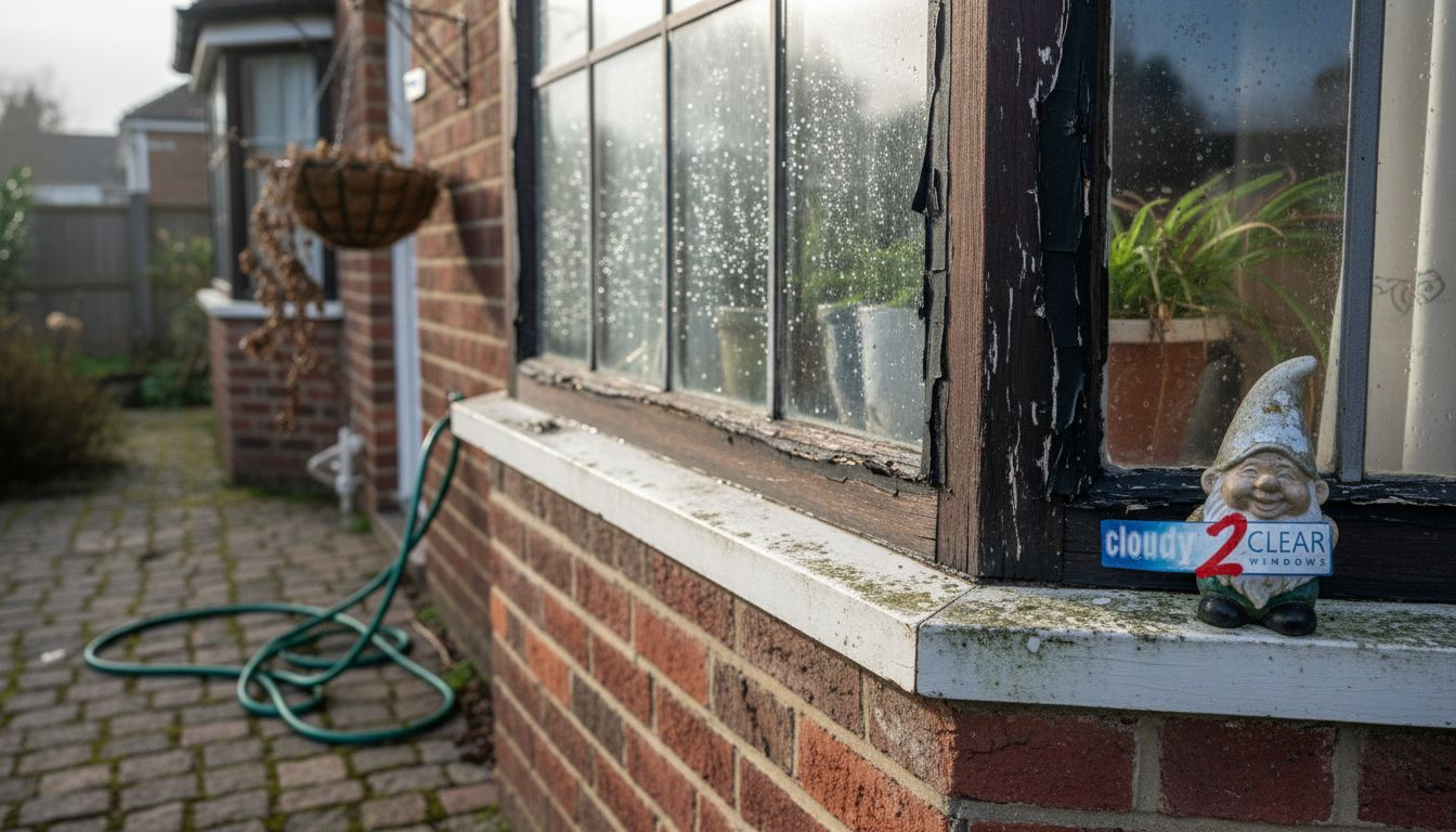 Cracked window seal on brick house exterior