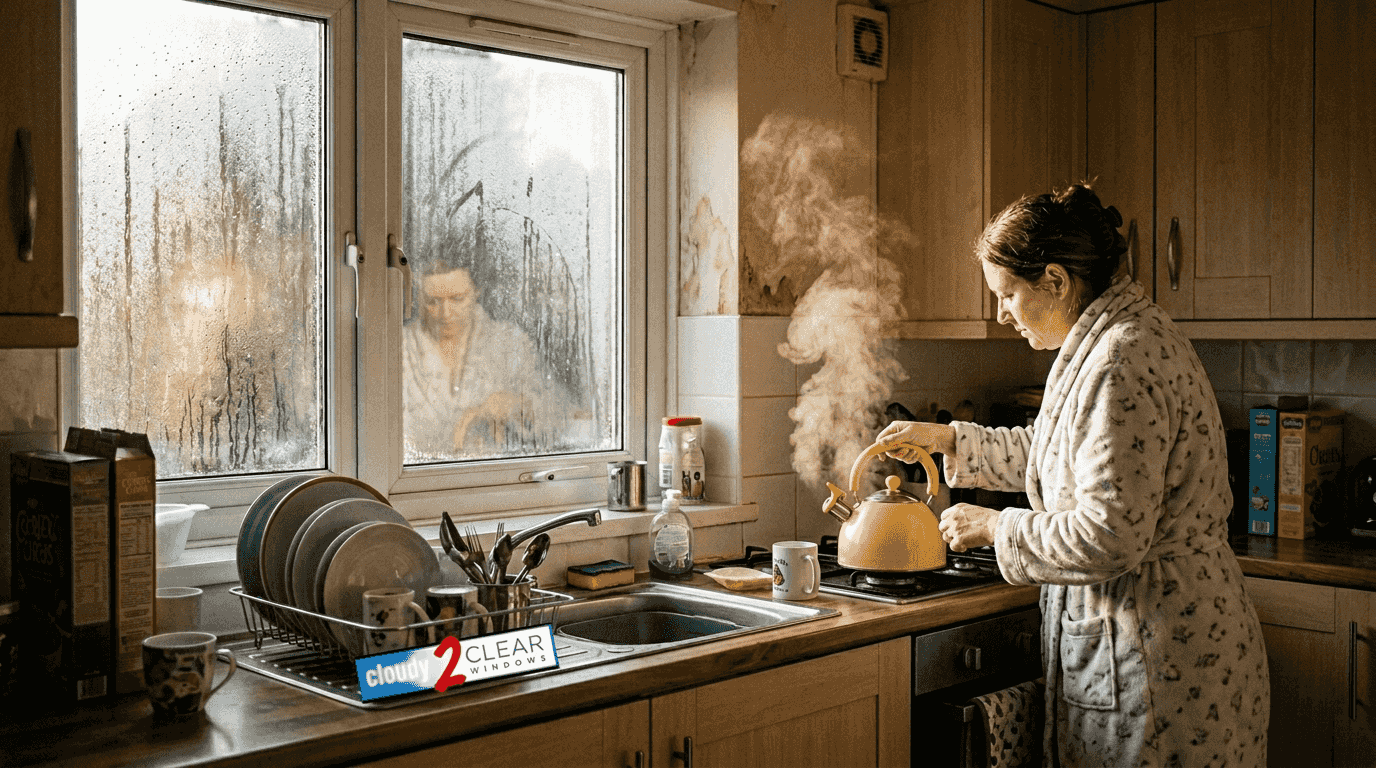 Condensation streaks on family kitchen window
