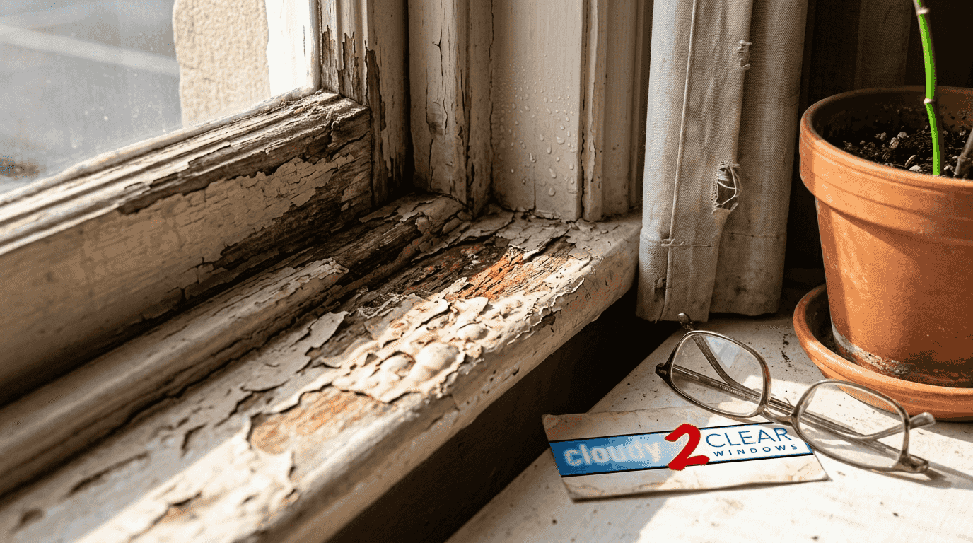 Timber window with UV and moisture damage