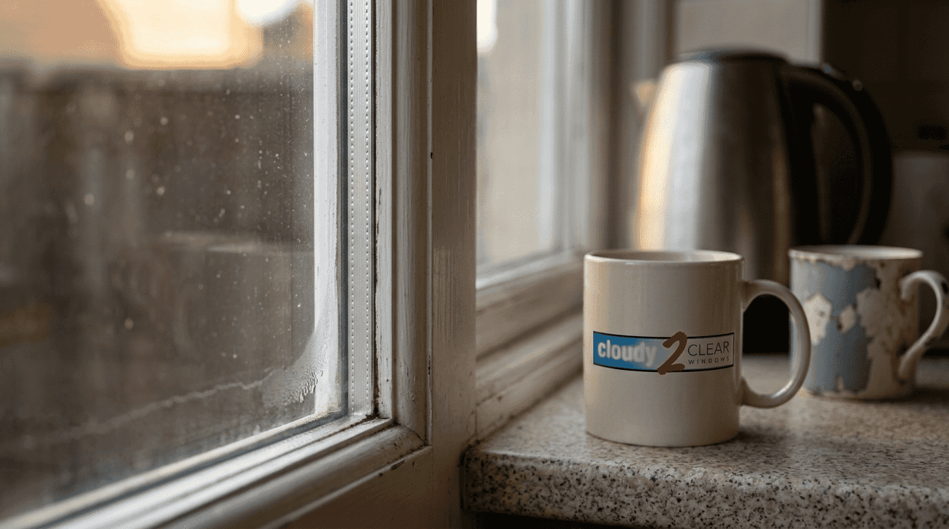 Close-up of window edge and spacer bar