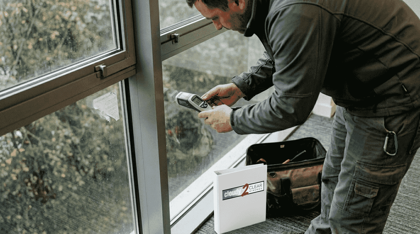 Technician measuring thermal performance of glazing