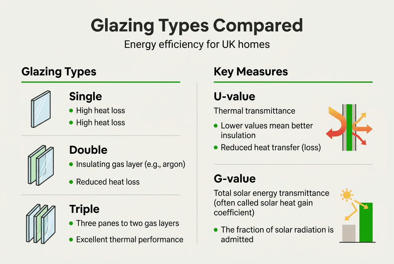 Infographic comparing glazing types and values