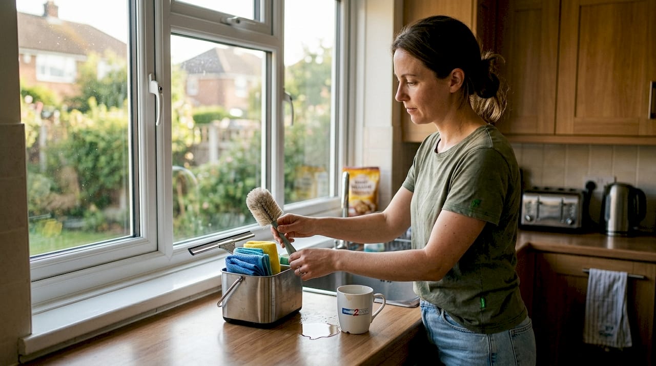 Woman preparing window cleaning supplies