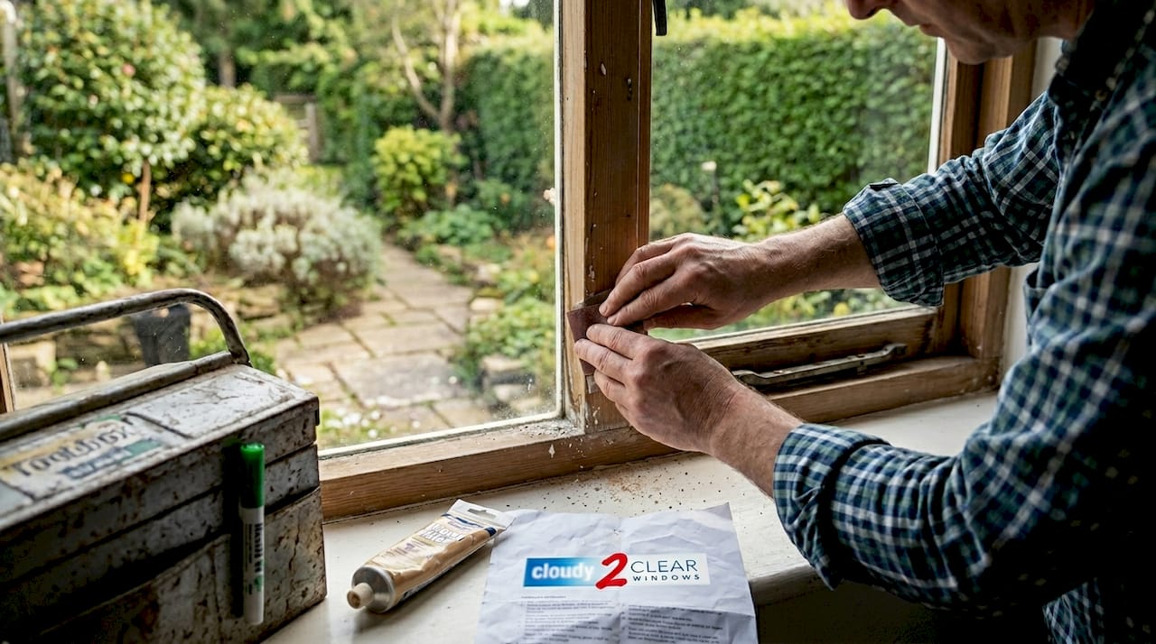 Hands repairing timber window frame close-up