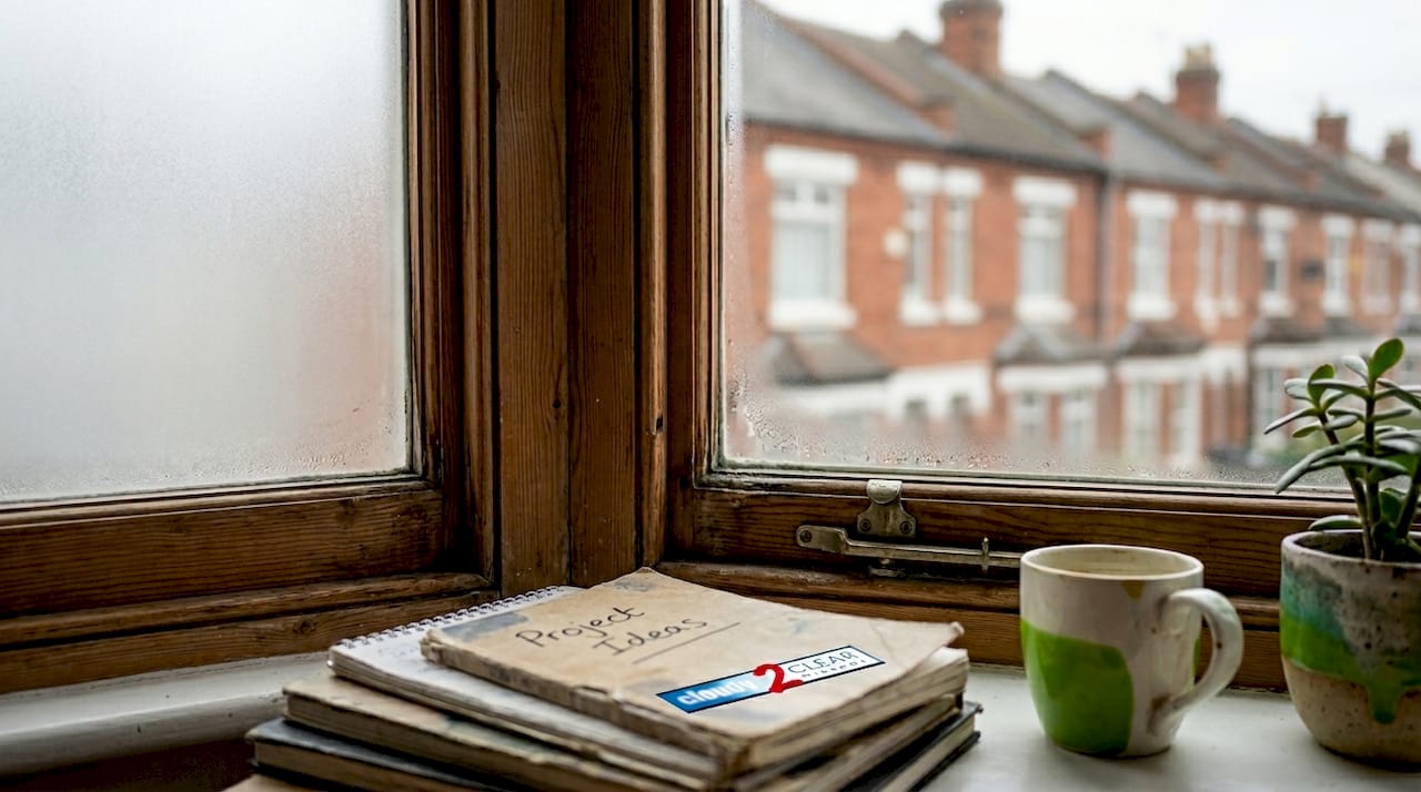 Close-up FSC timber window in UK terrace