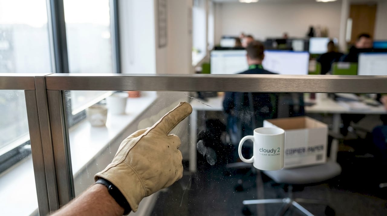 Gloved hand inspects toughened glass in office