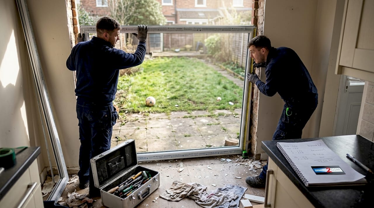 Installers fitting glazing in UK kitchen extension