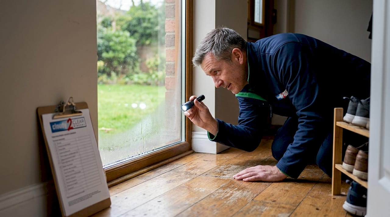 Technician inspecting double glazing seal for cloudiness
