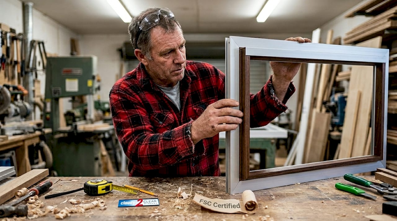 Worker inspecting sustainable window frame in workshop