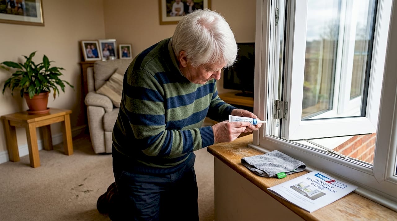 Person lubricating double-glazed window hinges