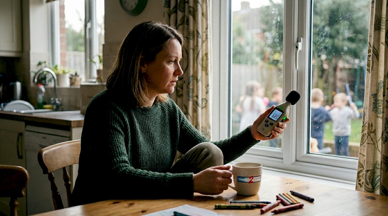 Woman measuring noise level near kitchen window
