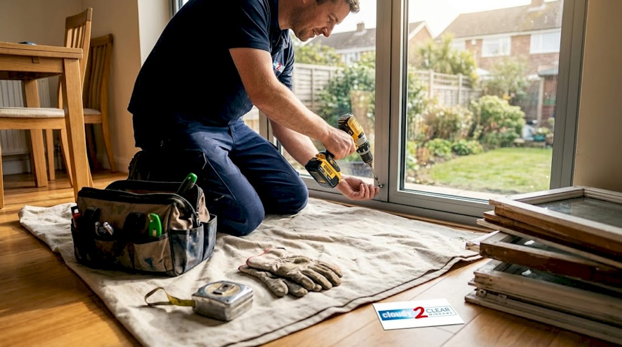 Installer fitting new window frame with tools