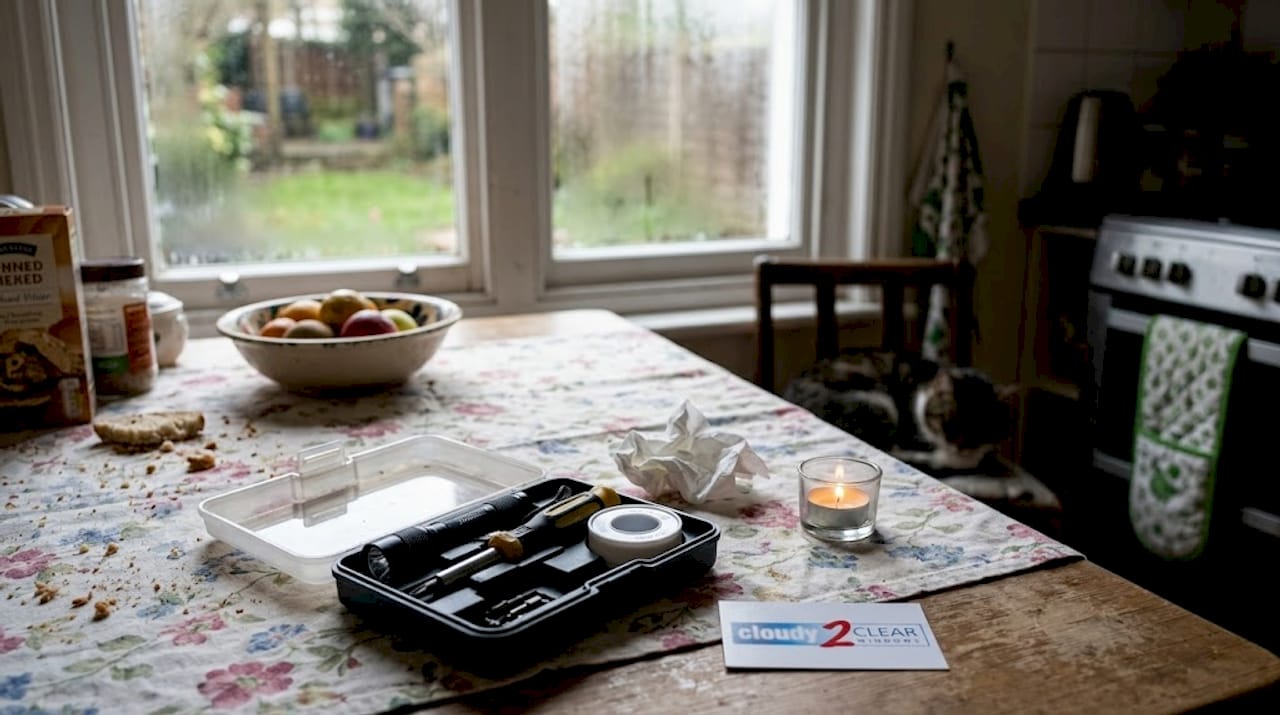 Basic tools for window inspection on kitchen table