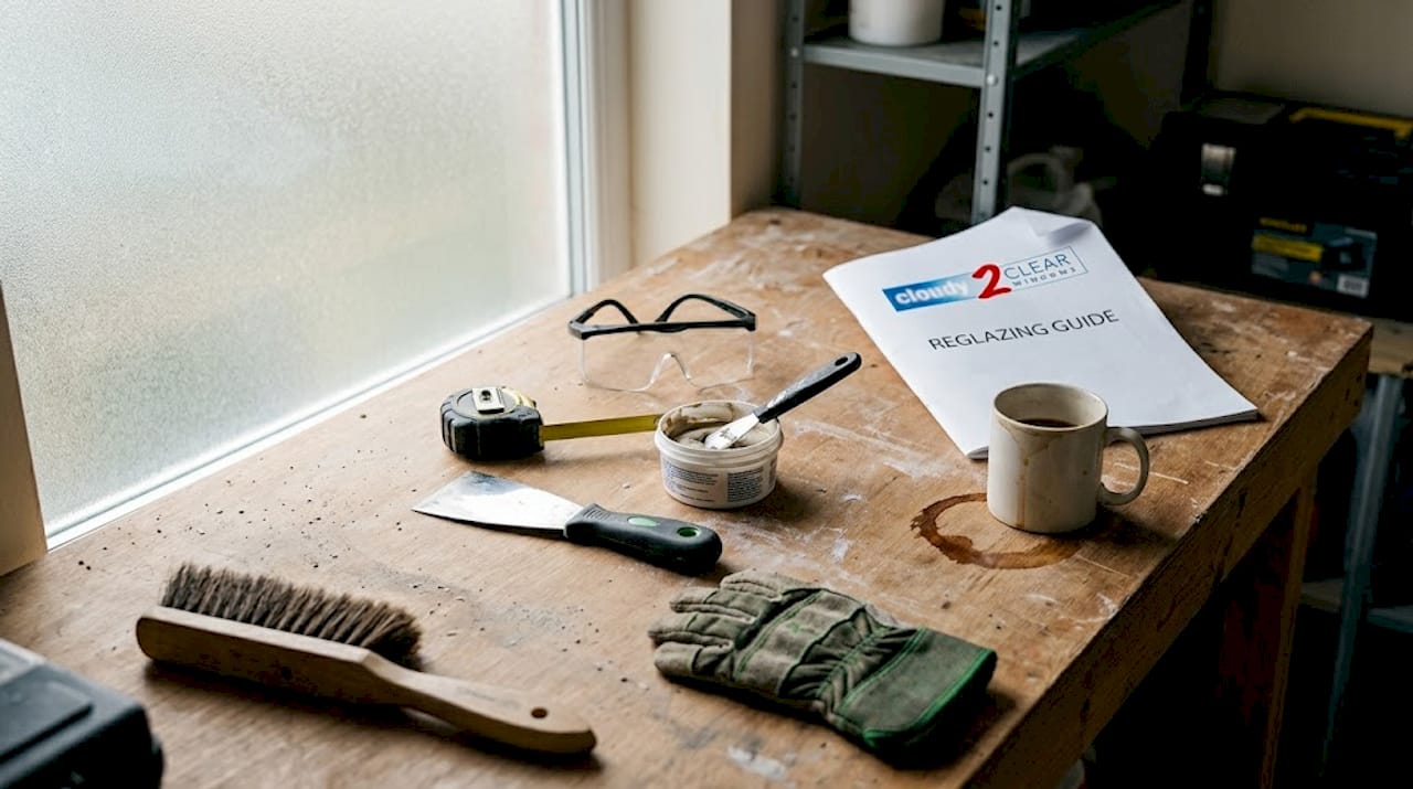 Essential window reglazing tools on workbench