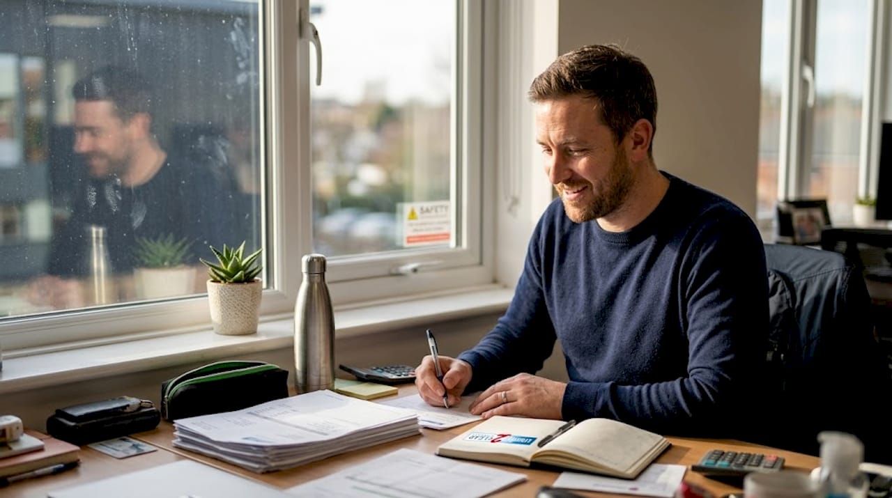 Office worker beside energy-efficient secure window