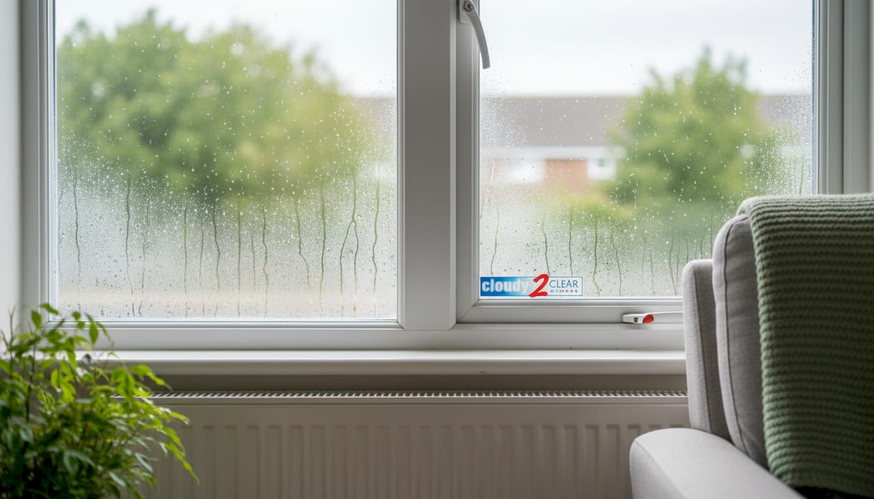 Close-up of condensation on double-glazed window