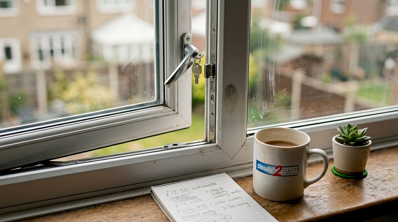 Casement window hardware close-up in home office