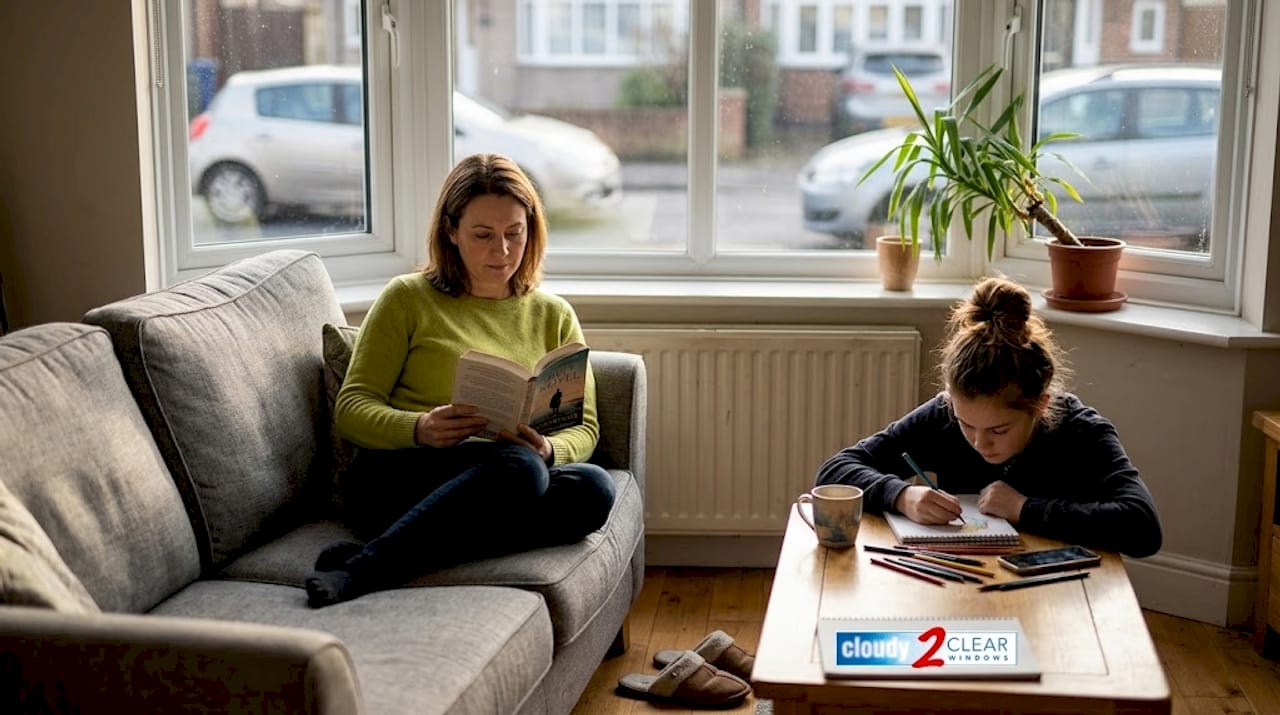 Family relaxing in quiet living room by windows