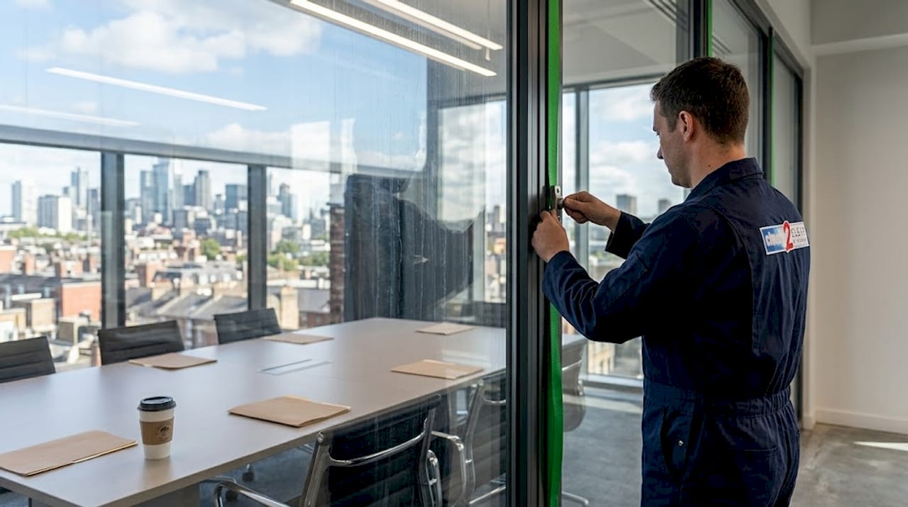 Worker maintaining large office glazed windows