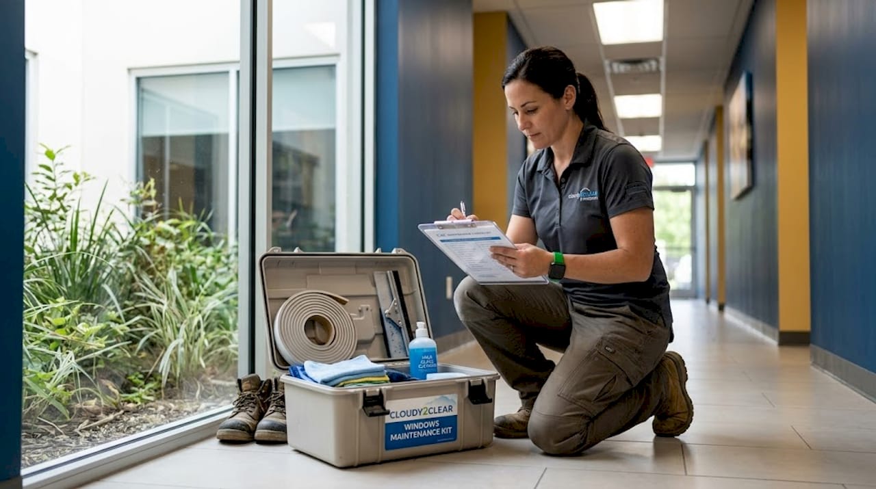Manager checks window maintenance kit contents