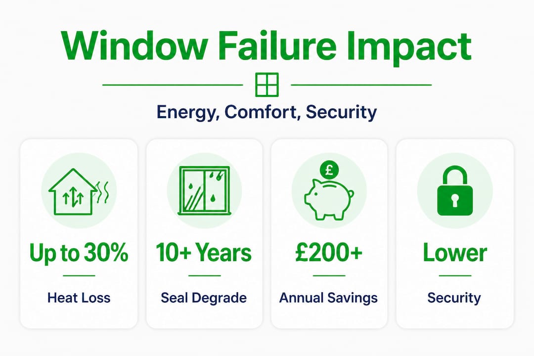Infographic with heat loss, seal life, savings, security stats