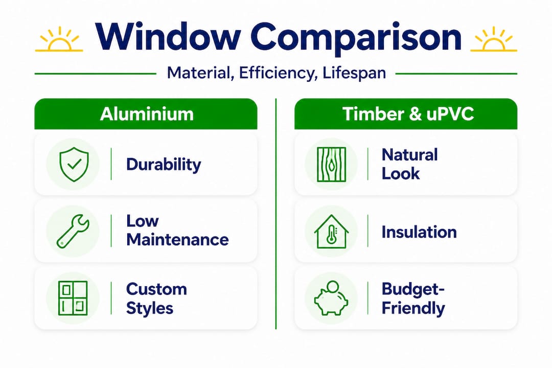 Infographic comparing aluminium vs uPVC and timber windows
