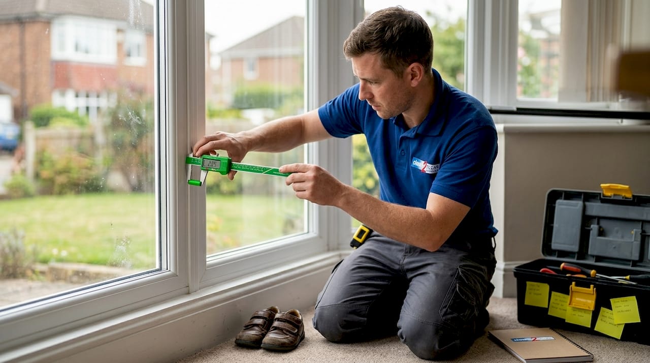 Window installer measures double glazing thickness