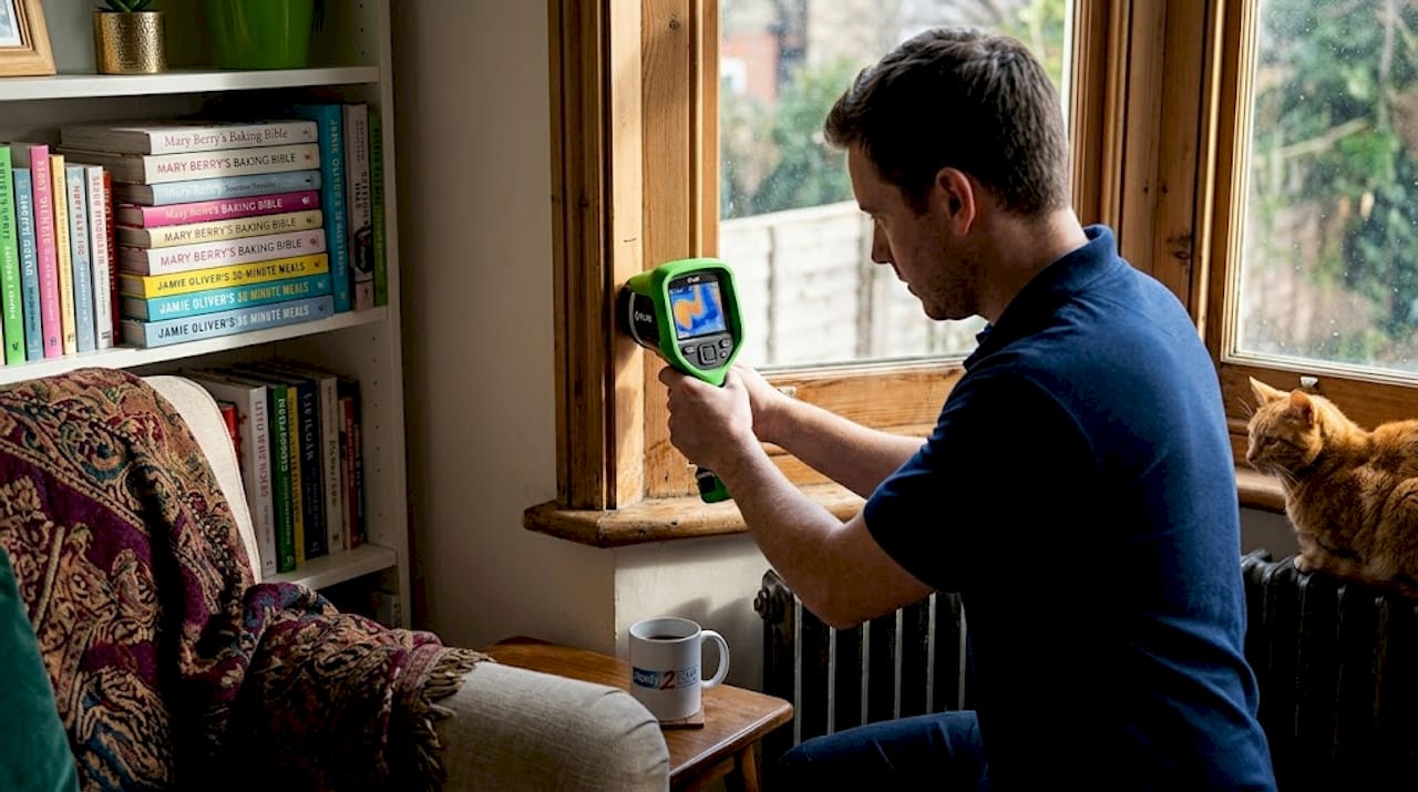 Worker checks window frame for drafts