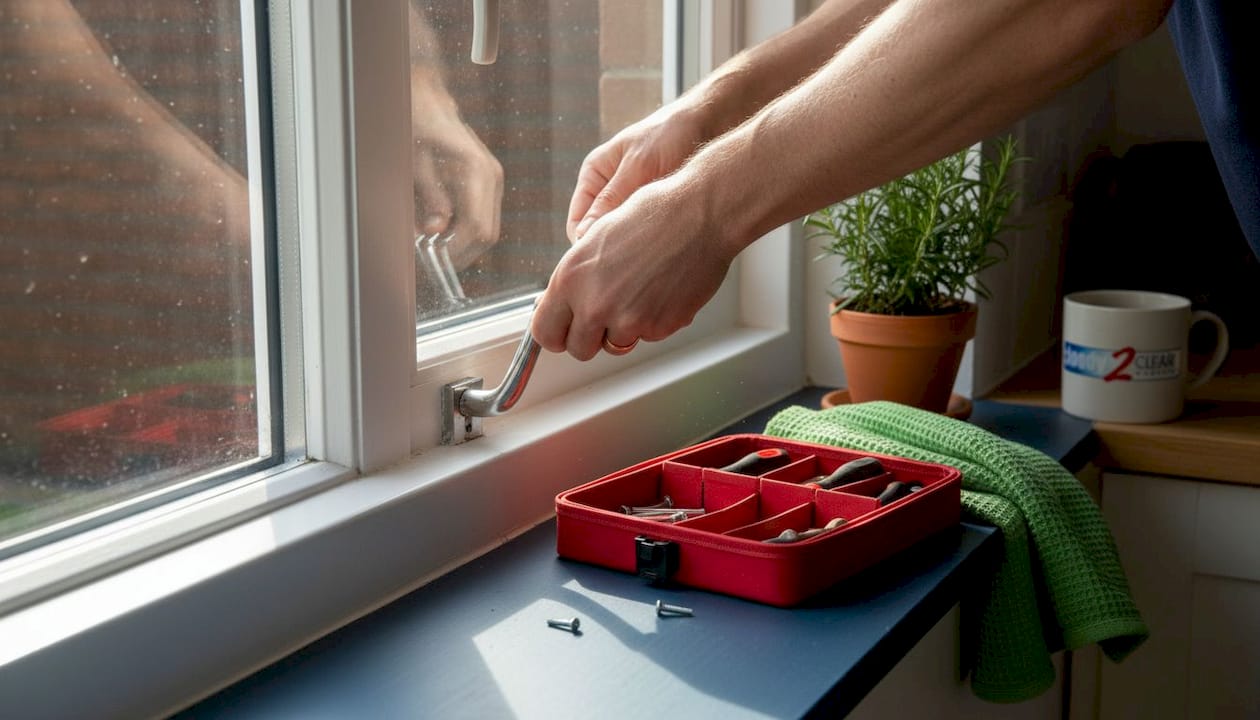 Hands fixing window handle and hinge