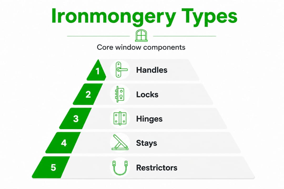 Hierarchy infographic of window ironmongery parts