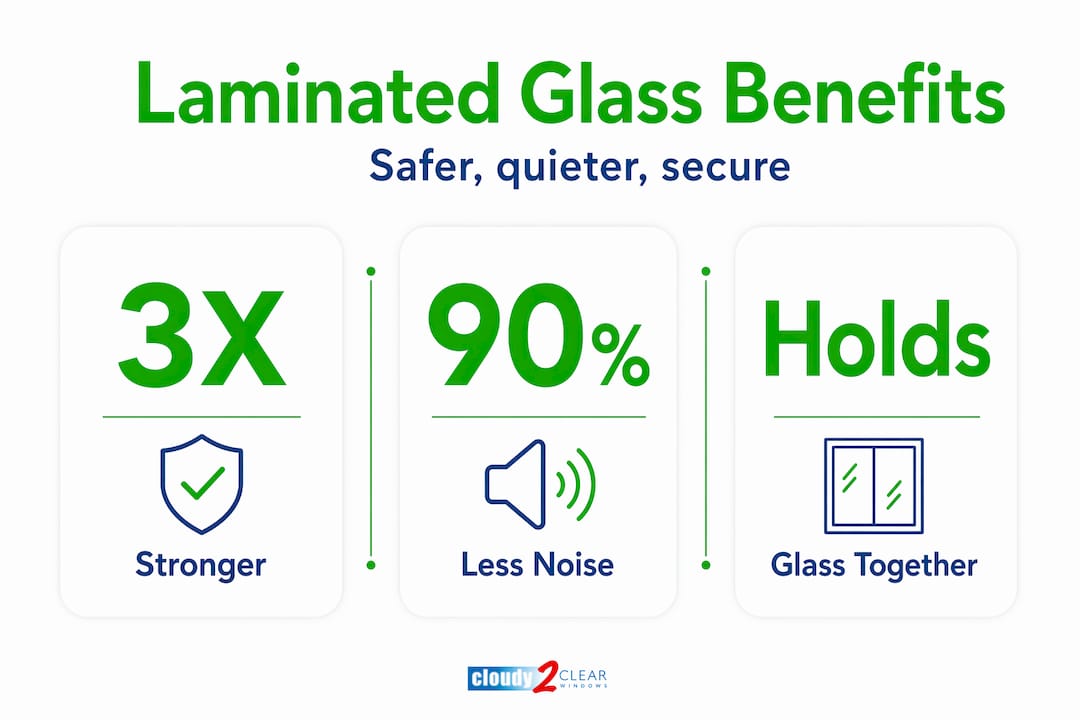 Infographic comparing laminated glass benefits in strength, noise, and safety