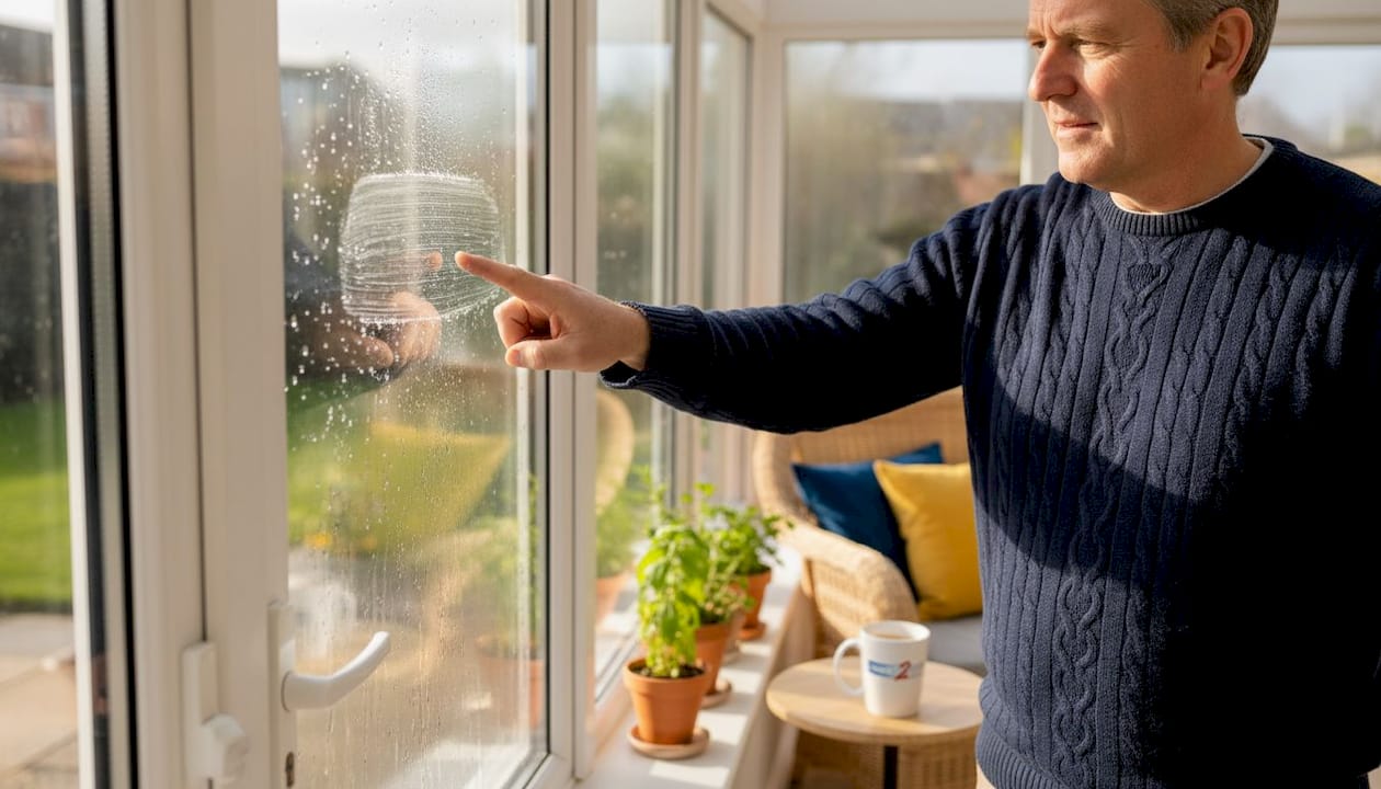 Man testing window condensation with finger