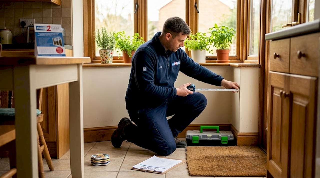 Window installer measuring bay window frame