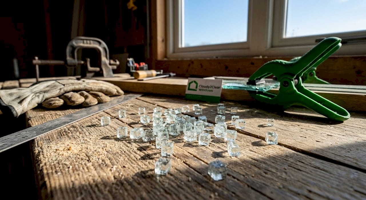 Closeup of broken toughened glass fragments