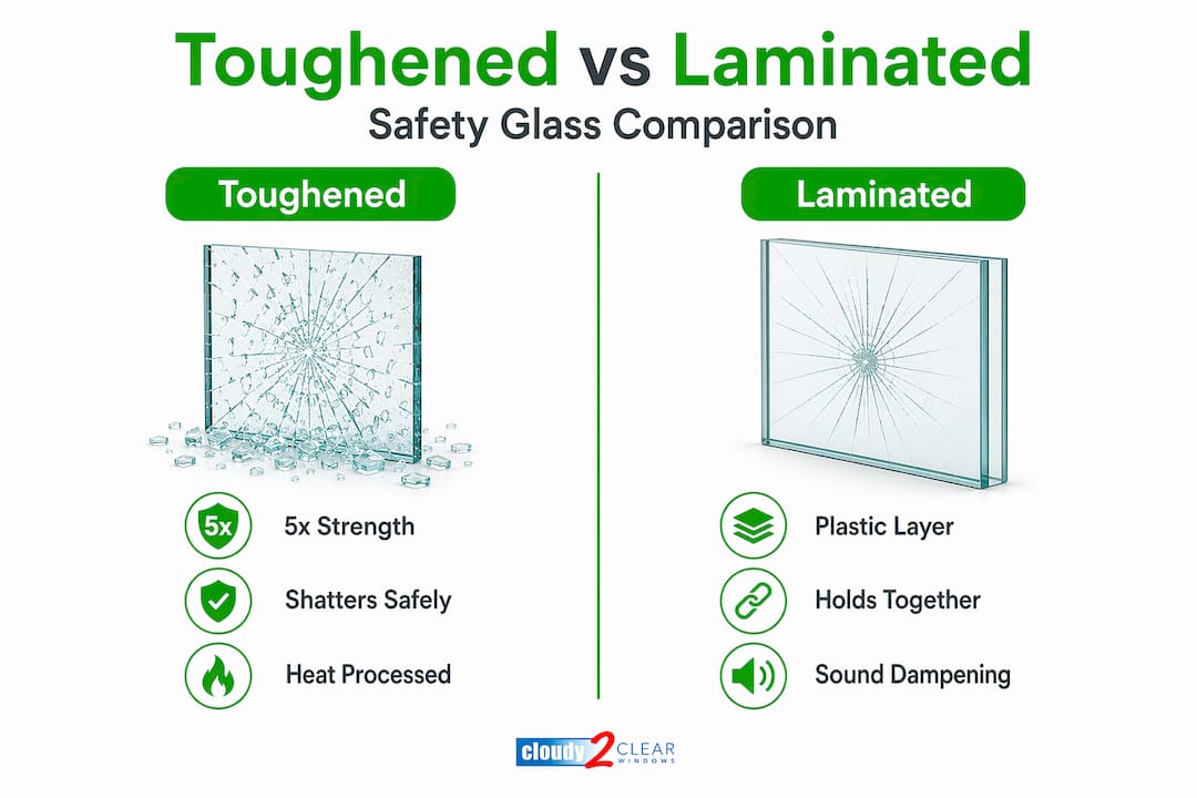 Infographic comparing toughened and laminated glass features