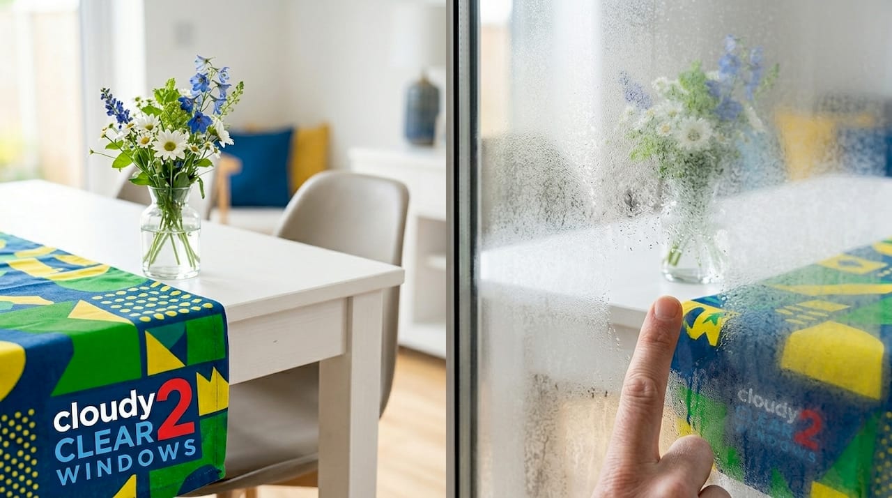 Finger points to failed window glass seal
