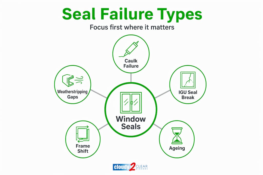 Hierarchy infographic of window seal failure types