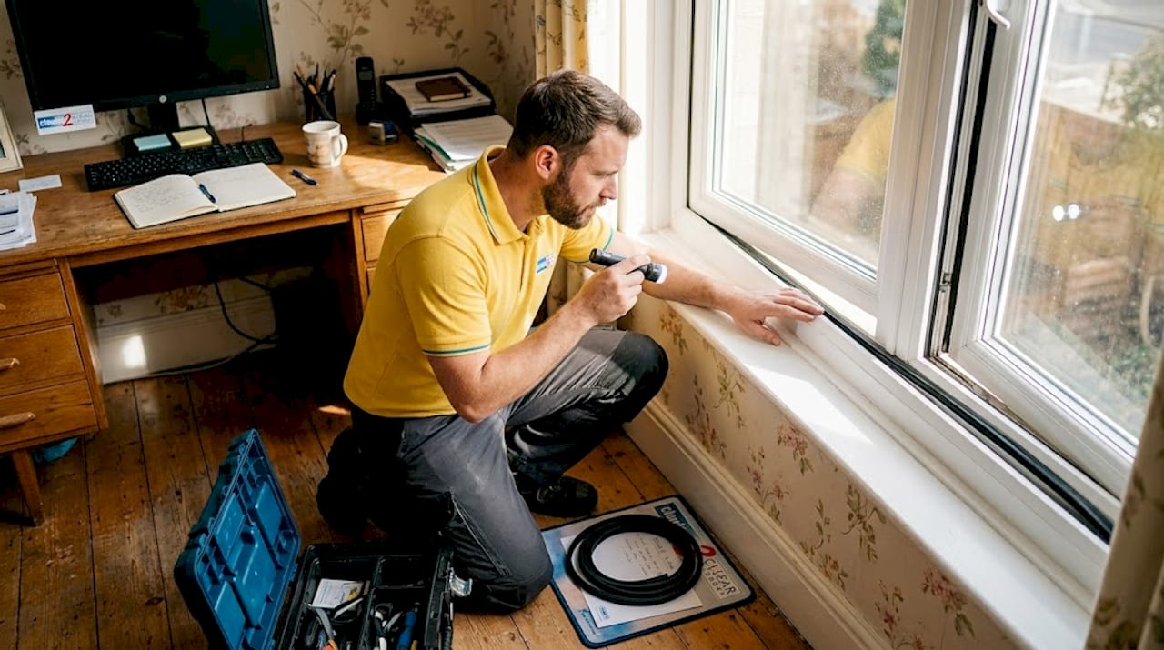 Technician checking window seals in office