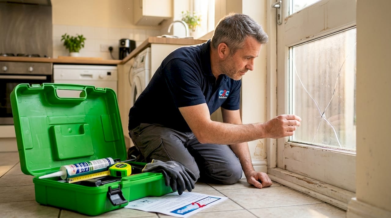 Handyman inspecting cracked bedroom window pane