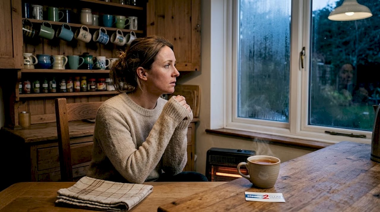 Woman notices foggy, drafty window in lounge