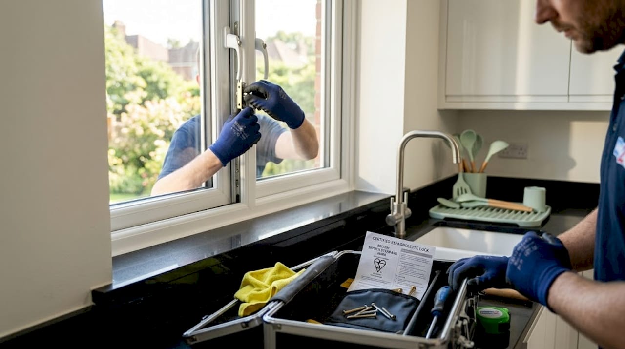 Hands fitting certified window lock on kitchen window