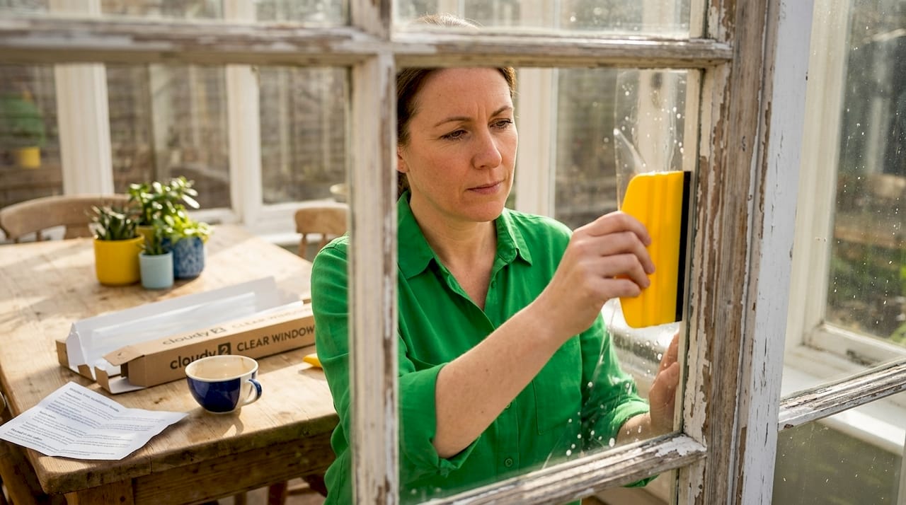 Woman applies security film to window glass