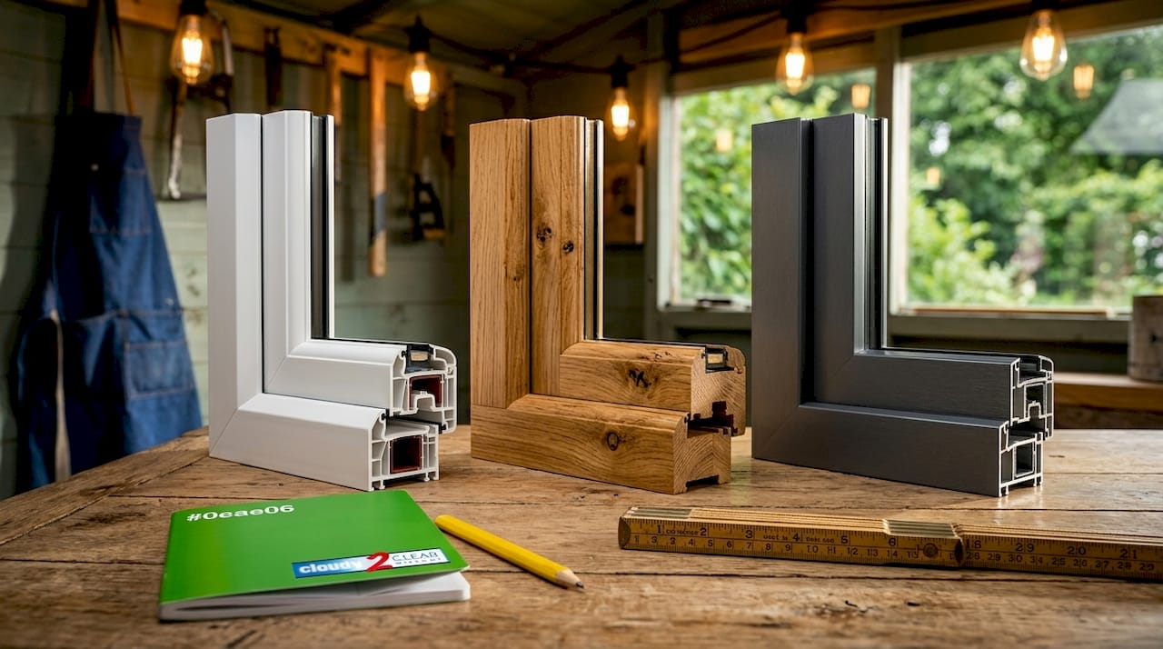 Three window frames: PVCu, timber, aluminium side by side