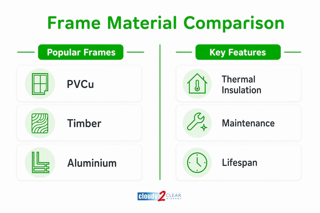 Infographic comparing window frame materials with features
