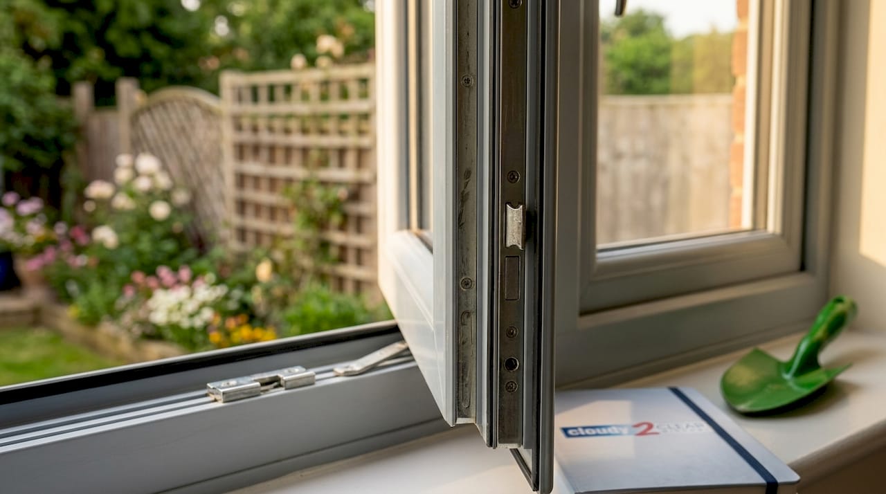 Close-up of window multi-point locking hardware